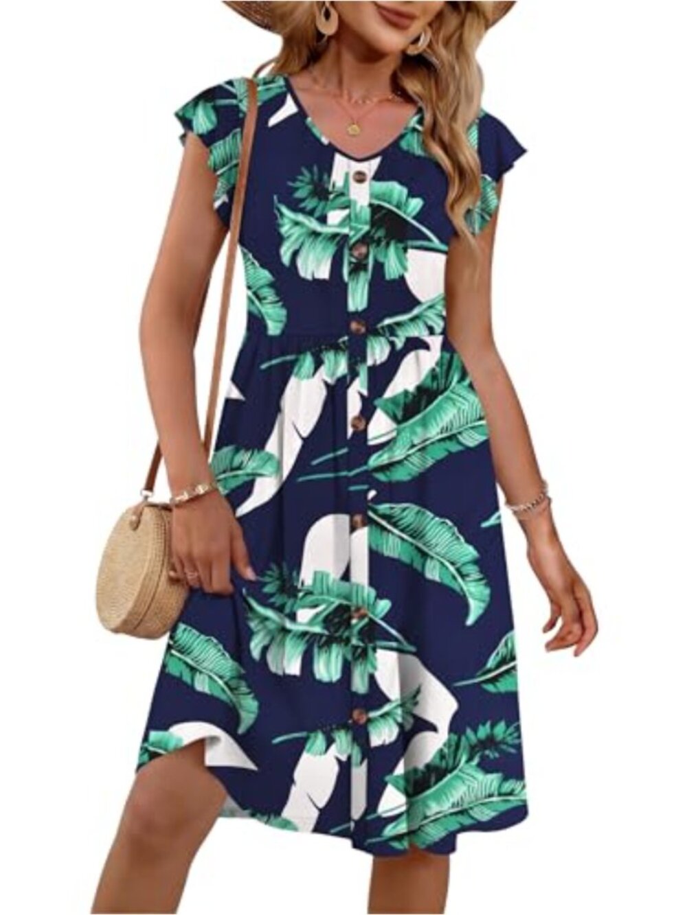 Women's Ruffle Sleeve V-Neck A-Line Midi Dress with Pockets